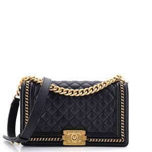 Chanel Old Medium Boy Flap Bag Quilted Caviar with Whipstitch Chain Detail